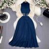 Retro Sleeveless A-Line Denim Dress with Turn-Down Collar and Cutout Waist