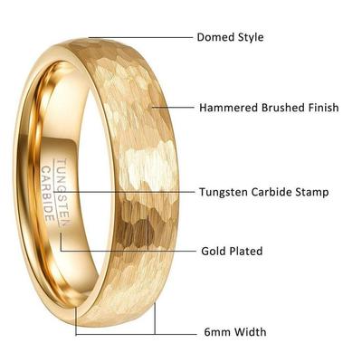 6mm 4mm 18k Gold Plated Hammered Tungsten Carbide Ring Domed Comfort Fit Engagement Ring Size 5-12