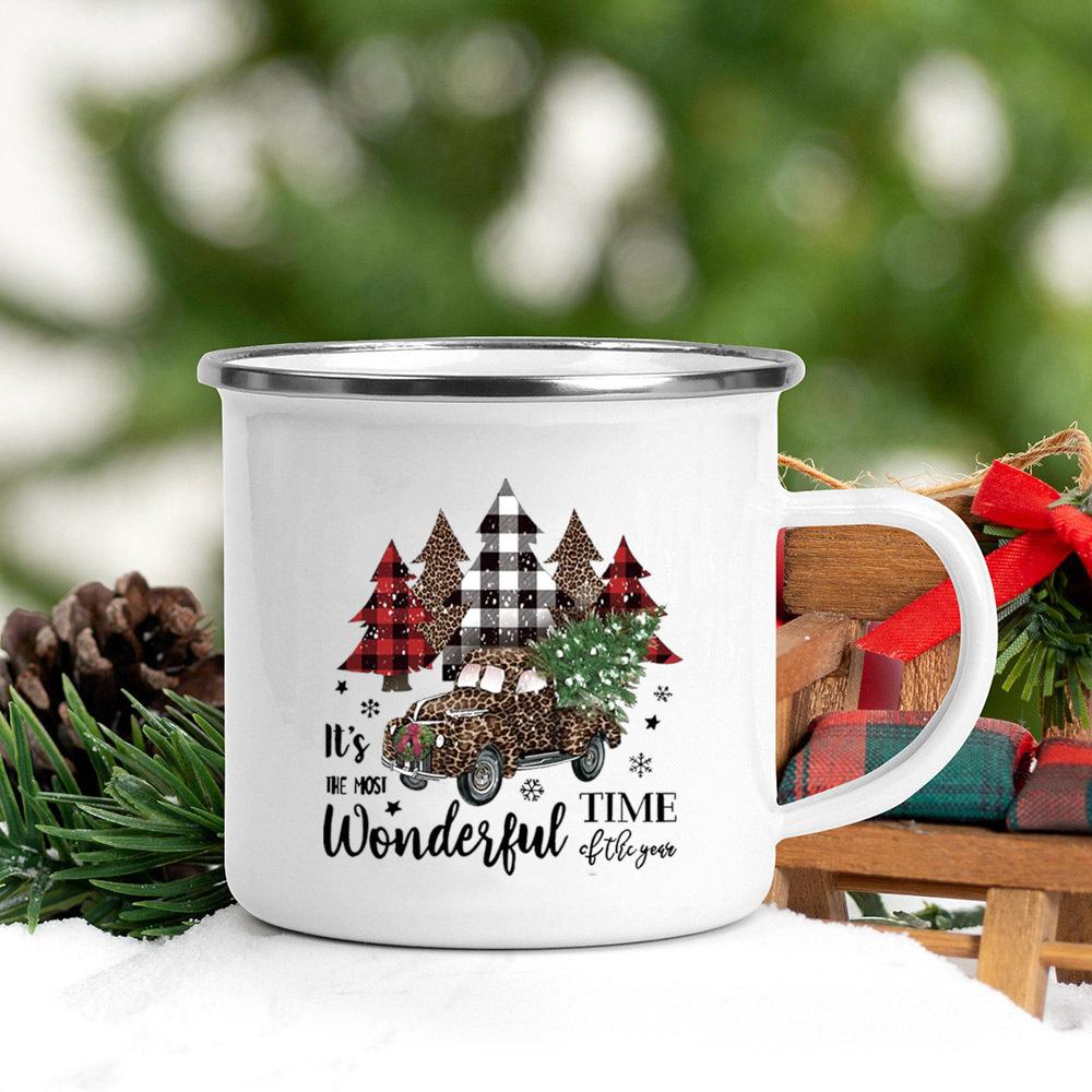 Santa Deer Truck Print Creative Enamel Cups Christmas Party Drink Juice Hot Cococ Cup Mugs Handle Mug Gifts for Family Friends