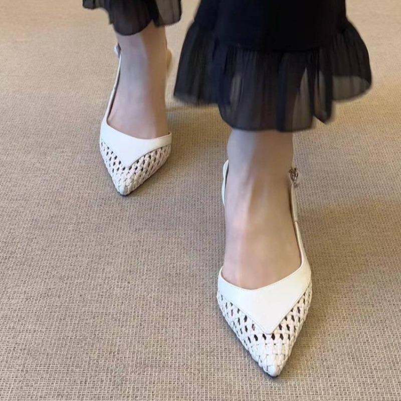 Fashion Pointed Toe Stiletto High-heeled Shoes Women's Xia New Style French Temperament Celebrity Woven Back Empty Baotou Sandals