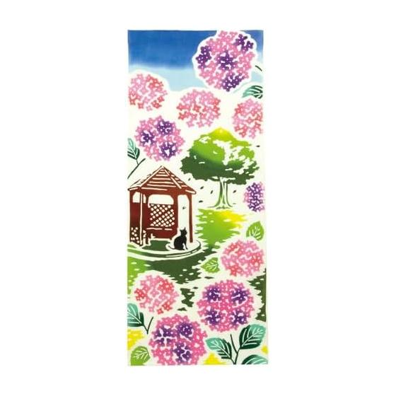 Wafuka Prairie Dog Tenugui Hand Towel,  Ajisaien  (Hydrangea Garden) Summer Pattern, Purple, 100% Cotton, Made in Japan [TE-503]