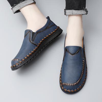 Men Brown Slip On Moccasins Hiking Shoes Black Flats Driving Shoes Blue Handmade Casual Wide Head Shoes Plus Size