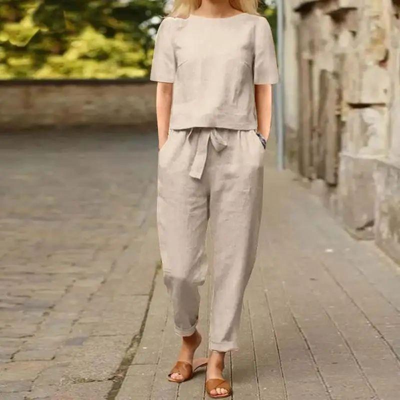 and American Women clothes Cotton and Linen Summer with Set Half Sleeve O Collar Super Large Cover Up E Wide Leg Pants Retro Sets Direct Sales