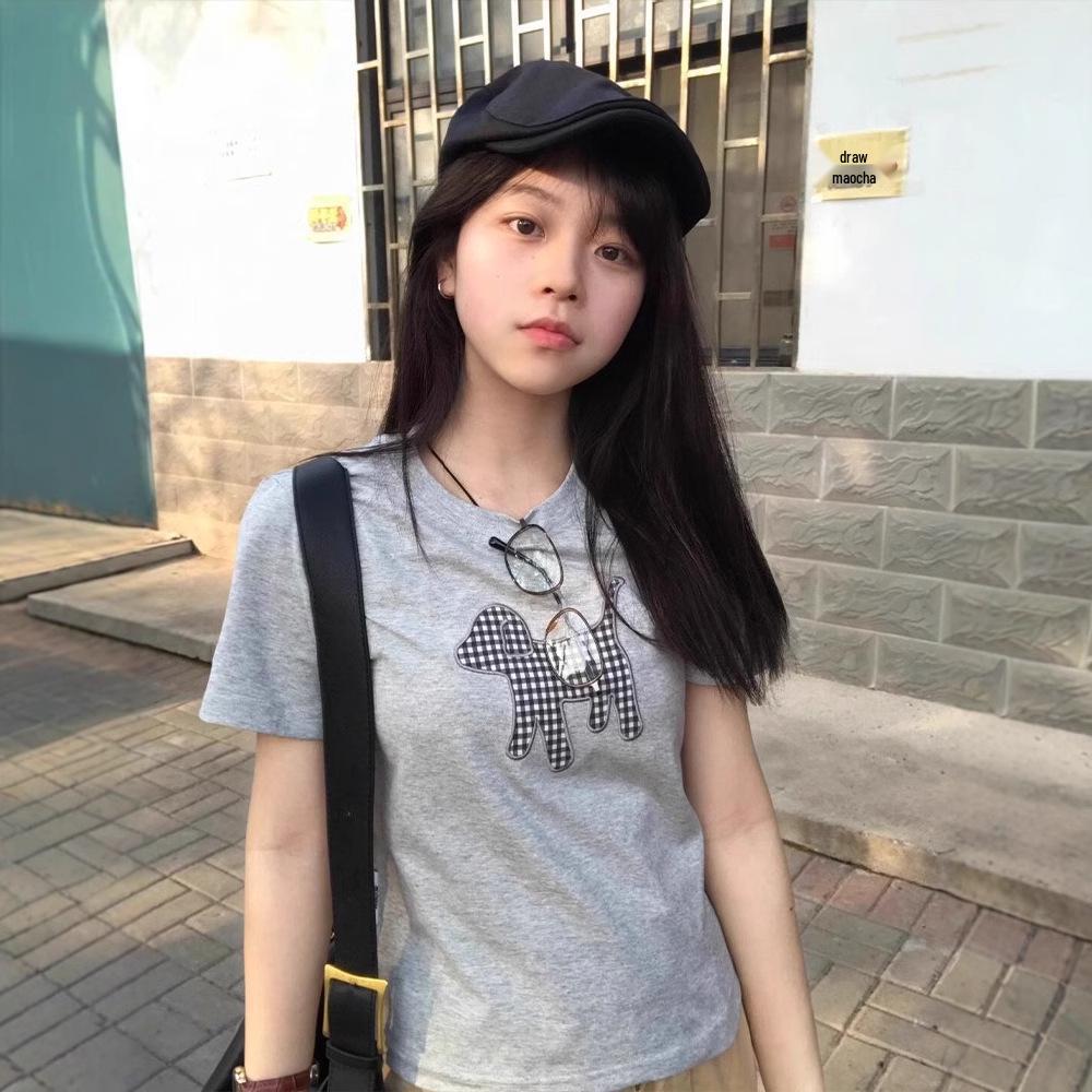 

2025 Women s Gray Plaid Puppy Applique Short Sleeve T-Shirt M (Premium)