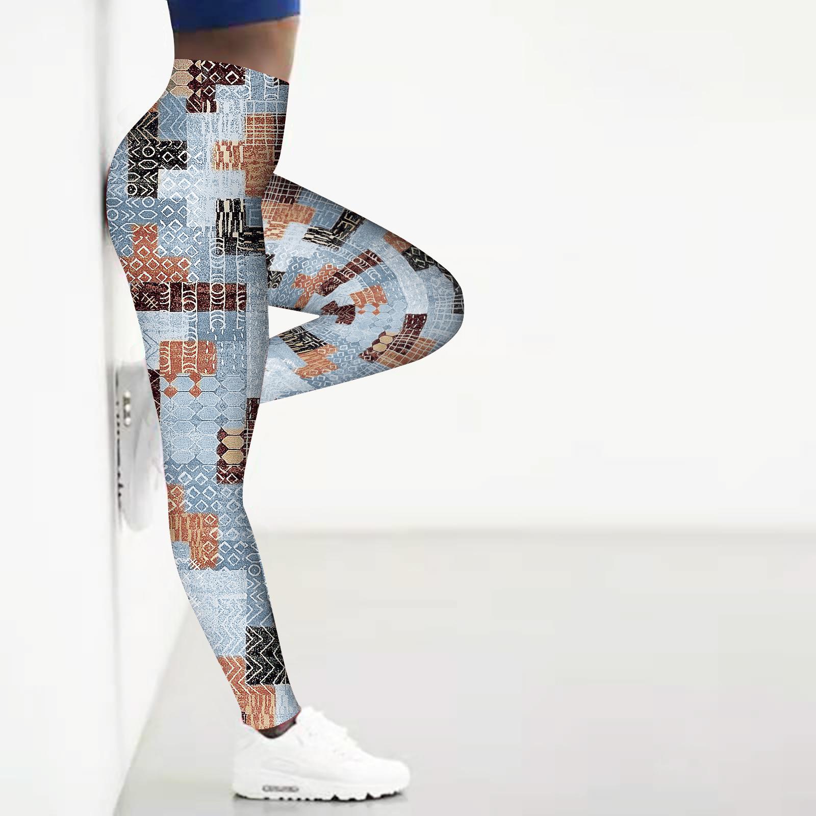 

Жіночі блочні принти, стрейч, легінси для йоги, фітнес, біг, тренажерний зал, спортивні активні штани 8XL світло-синій колір