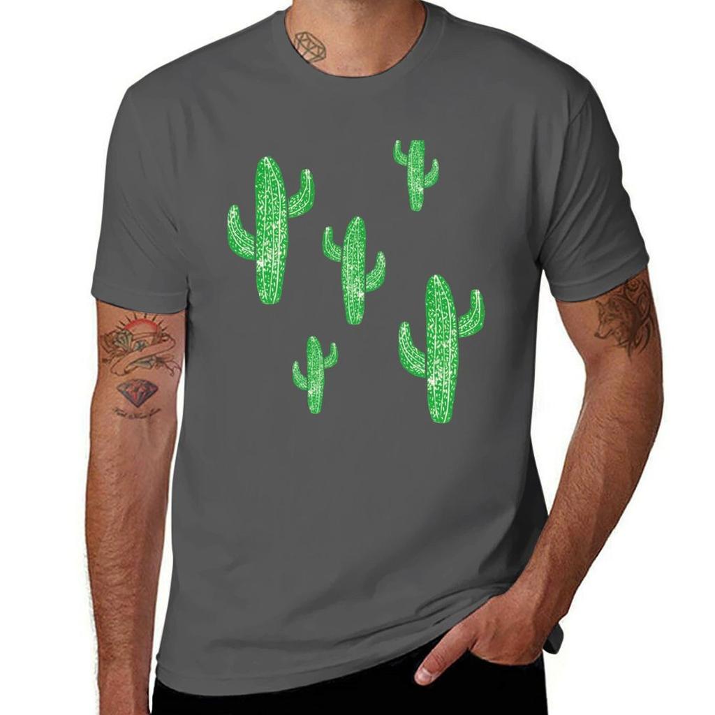 Linocut Cacti 2 Green Tshirt Casual Streetwear Short Sleeve Tee Tshirt