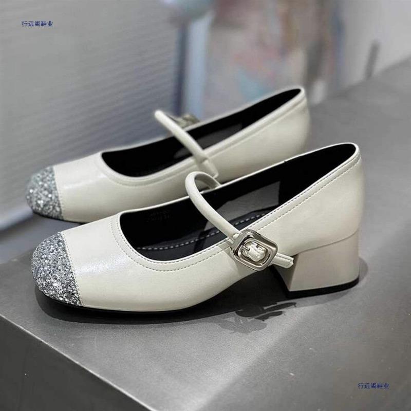 Silver soft-soled light-mouth Mary Jane shoes women's new spring and summer one-word with retro high-heeled single shoes