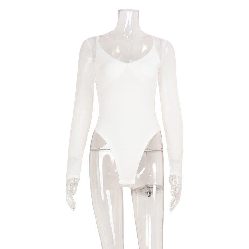 

Cnyishe Western Style Fashion Gyaru Mesh Patchwork Design Long sleeve Jumpsuit Elegant UV Collar Bottoming Shirt Fashion White M