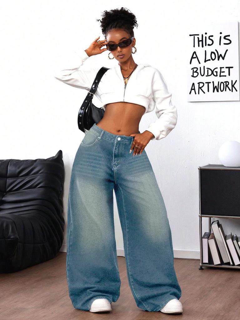 Women's Washed Blue Ripped Wide-Leg Jeans - Trendy Floor-Length Casual Pants