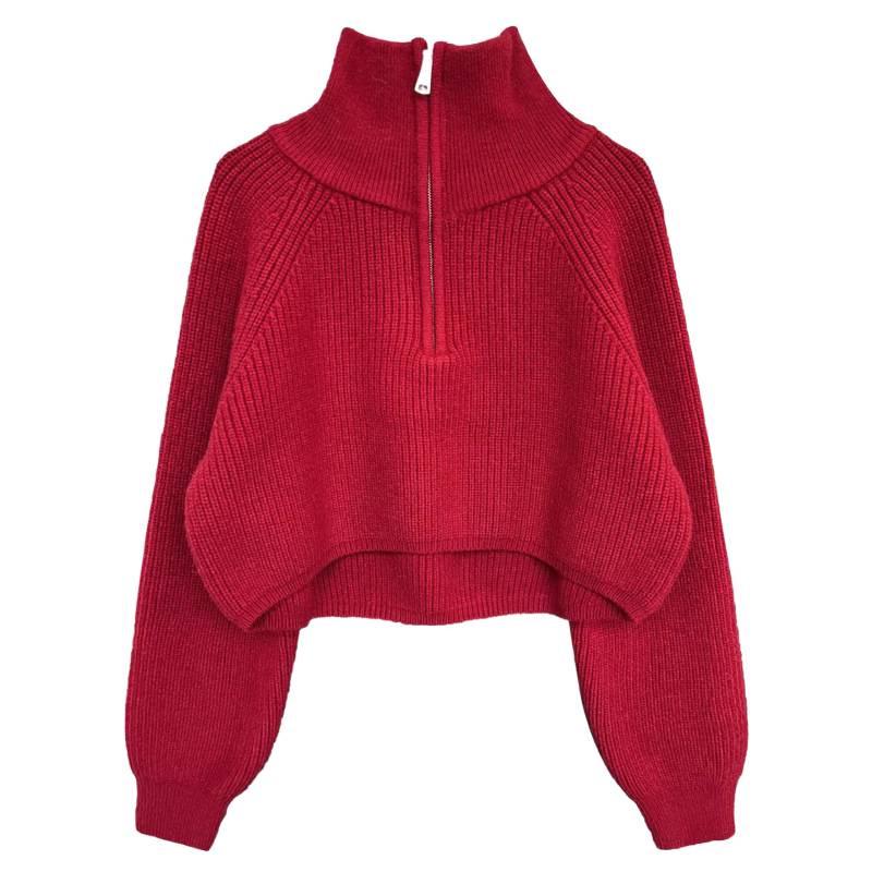 Women's Korean Style Stand Collar Half-Zip Thick Knit Sweater for Autumn/Winter
