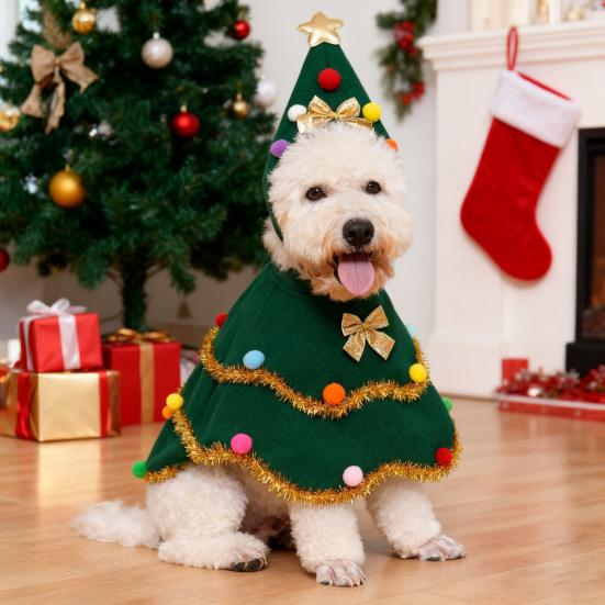 Dog Christmas Outfit Pets Xmas Tree Costume Pointed Hat with Neck Collar