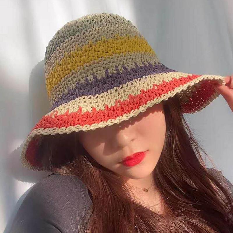 Sombrero de Cubo de Ganchillo a Rayas Arcoíris de Verano para Mujer Sombrero Panamá Plegable de Ganchillo Visera Solar de Playa para Mujer