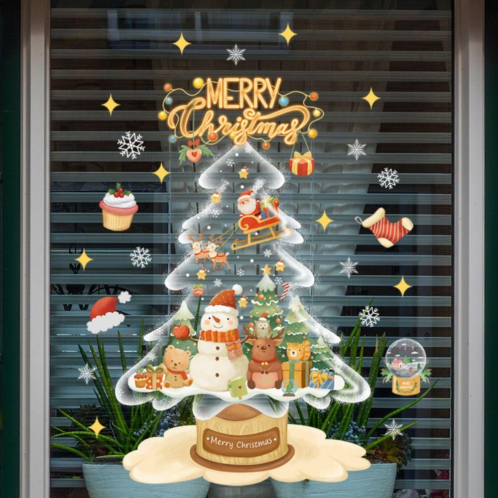Cartoon Shopwindow Decals Santa Clause Reindeer Xmas Tree Sticker  Festival