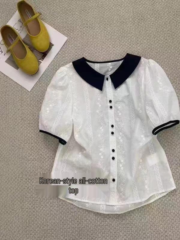 European Color-Block Peter Pan Collar Lace Embroidered Short-Sleeve Women’s Loose-Slimming Top