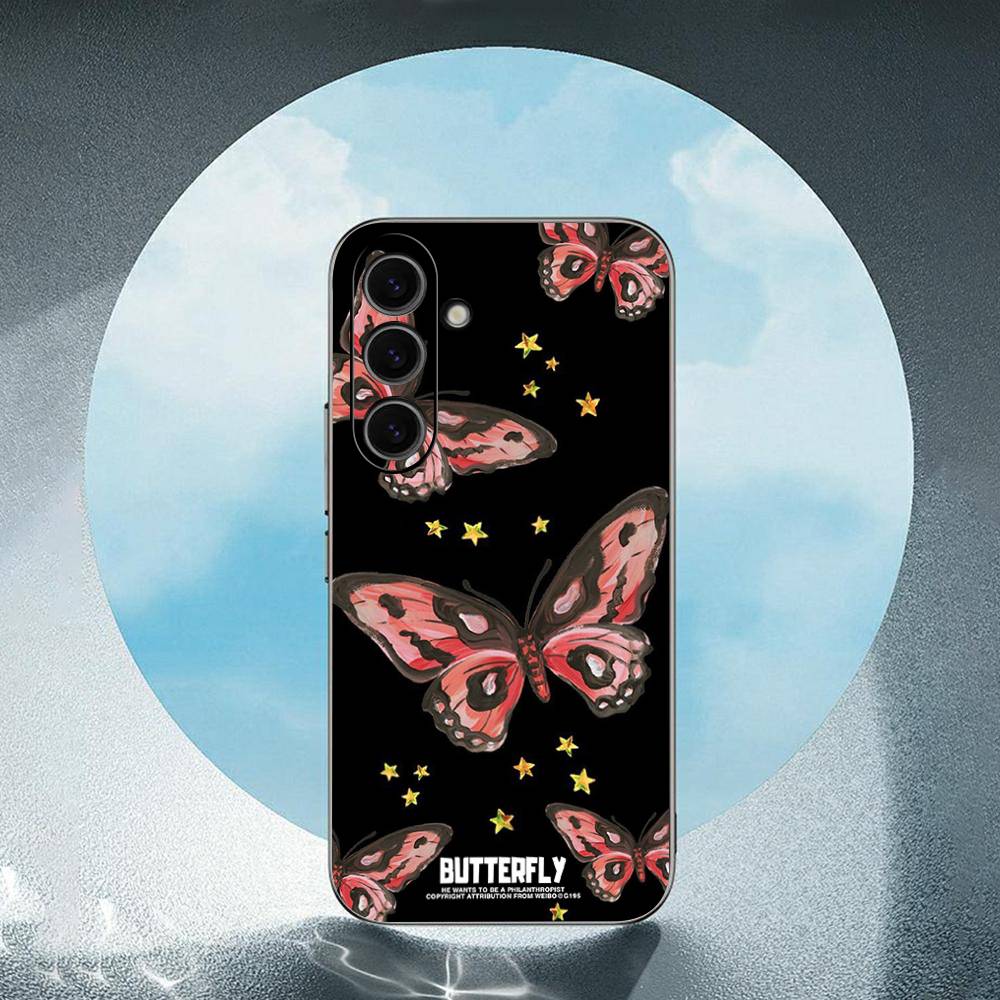 Beauty Blue Butterfly For Samsung Galaxy S25 S24 S23 Ultra S22 S21 Plus S20 Black Soft Silicone Protective Case