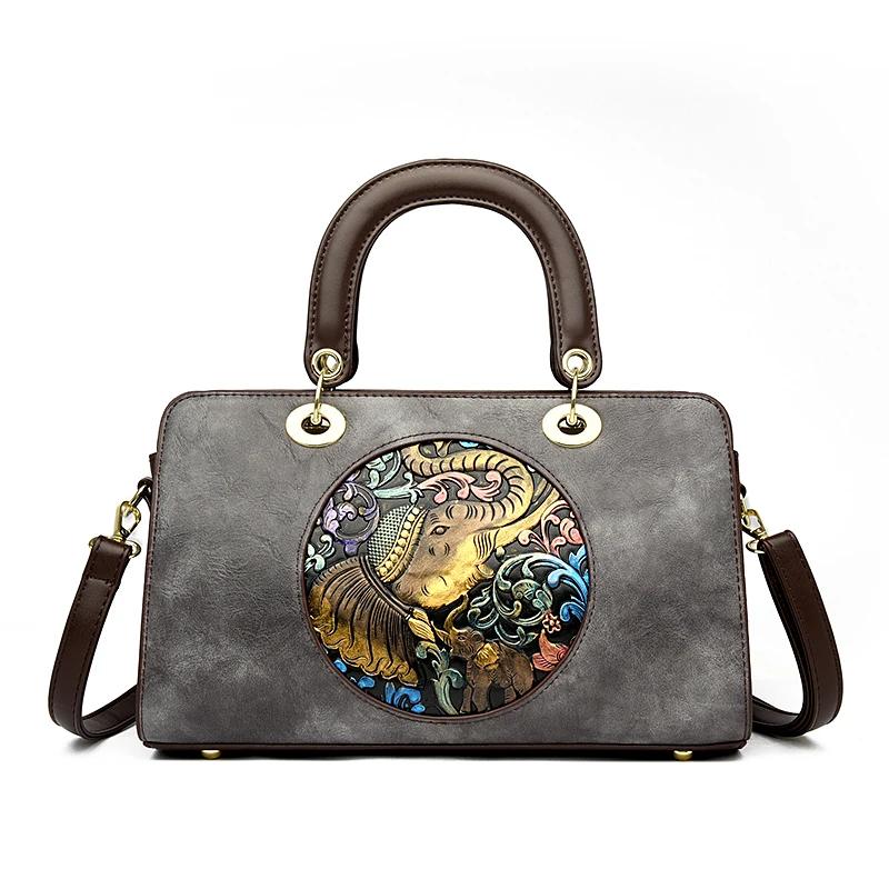 Retro Chinesische Damenhandtasche Neues Luxusmaterial PU Traditionelles Reliefhandwerk Elefantenmuster Damen-Umhängetasche