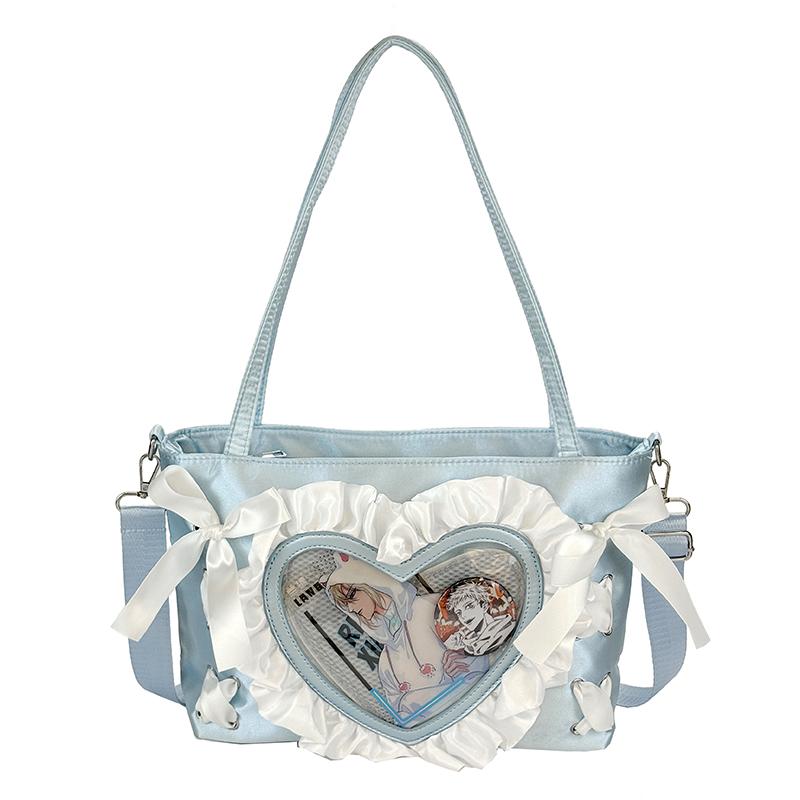 Heart Shape Clear Ita Bag Cute Ruffled Female Tote Bags Japanese Y2K Ribbon Bow Lolita Shoulder Handbag Pin Display Itabag