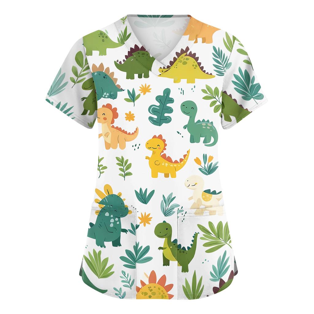 Ladies V Neck Short Sleeve Work Top with Side Slits and Pockets Animal Print Pattern Medical Scrub Shirt for Healthcare Professionals