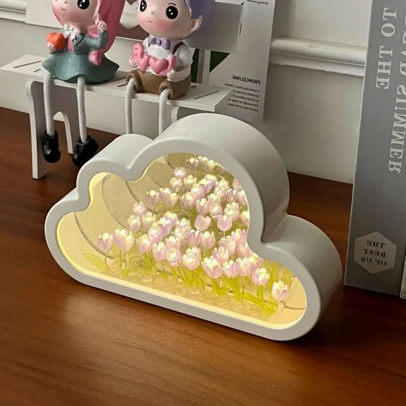 Handmade DIY Night Atmosphere Lamp Clouds Tulip Lamp LED Night Light Mirror Table Lamp Bedroom Decor Lights New