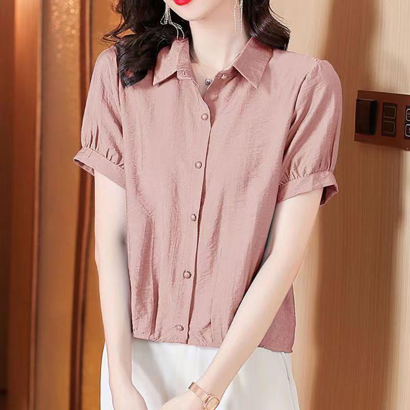 Top da Donna Estivo a Maniche Corte Casual in Cotone e Lino, Colore Unito, con Bottoni