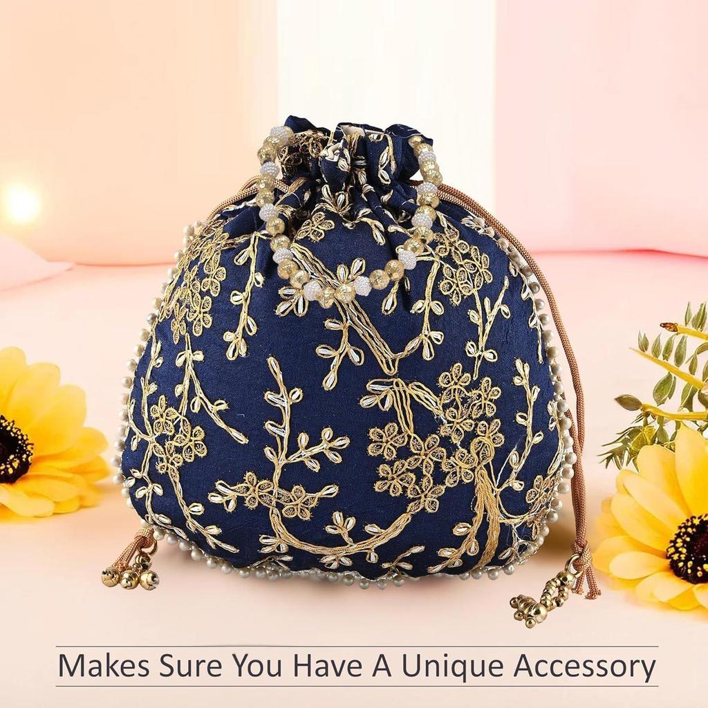 Potli tašky pro dámy a dívky | Dámské šagunové pouzdra pro sváteční období | Batwa taška svatební peněženka s výšivkou - Tmavě modrá