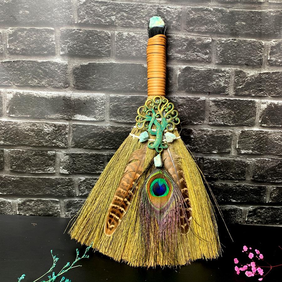 Big Broom Natural Amethyst Life Tree Halloween Peacock Feather Eye Altar Ornament  Witch Mini Broom Home Decoration Handicrafts