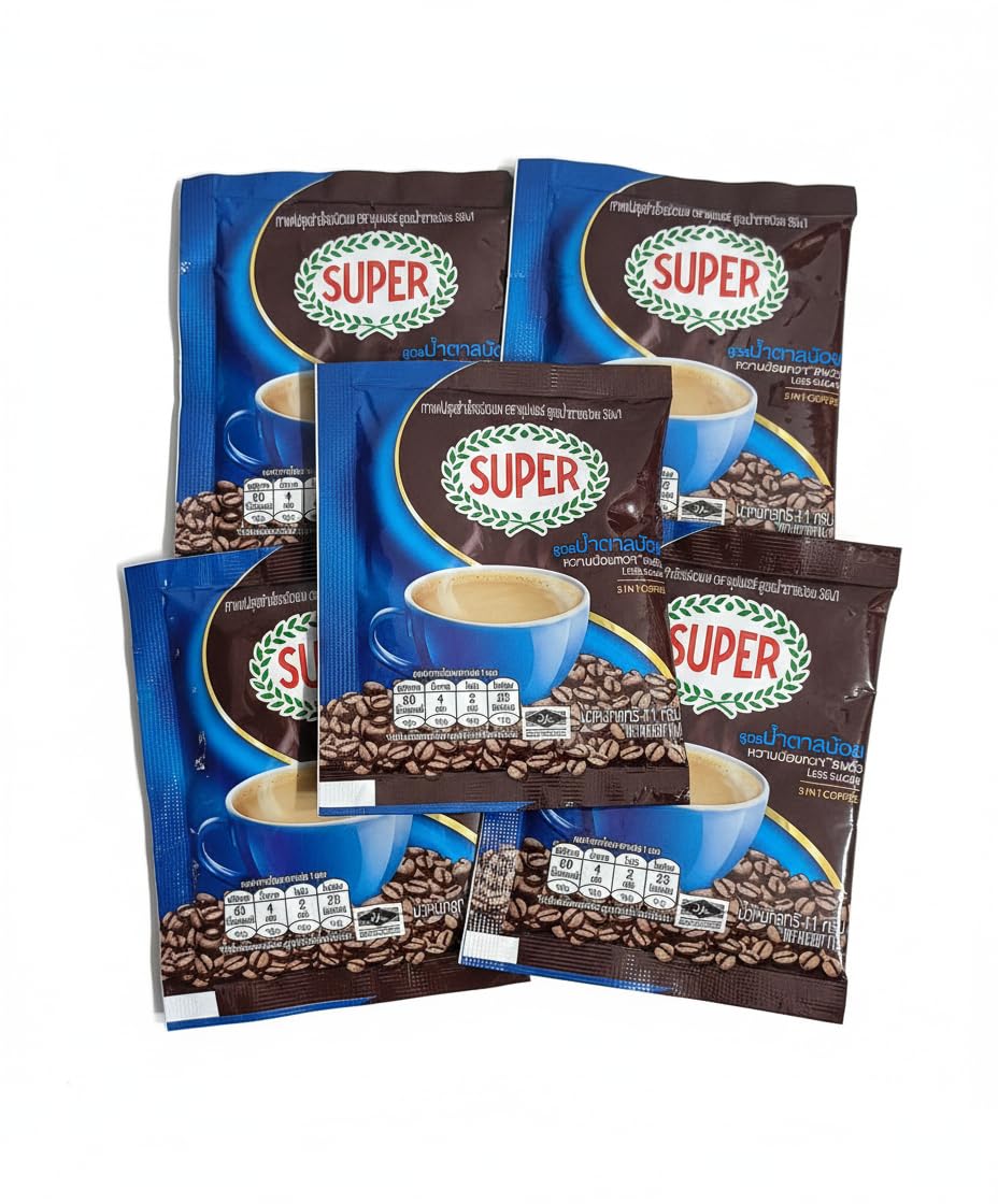 SUPER 3 in 1 Instant Coffee Mix 55gm | Less Sugar | Mildly Sweet Coffee | Instant Hot Beverage | 5 Satchet X 11gm | Product of Thailand.