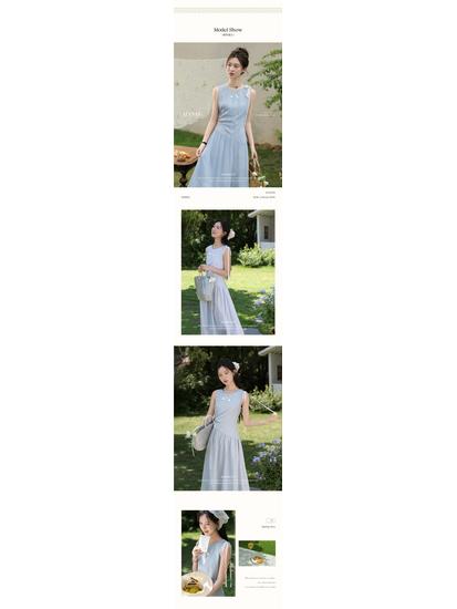 Women's French Blue Elegant Summer Long Dress with Slimming Waist Design