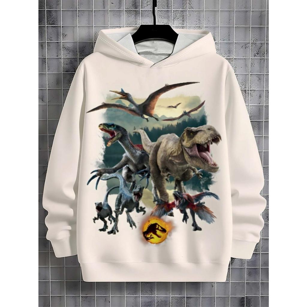 Boys' High-quality 3D Wear-resistant Polyester Fiber Material, Boys' Digital Dinosaur Printed Hooded Sweatshirt