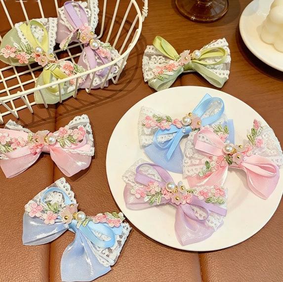 Simple Korean Pearl Lace Bow Hair Barrettes for Girls Kids Soft Lace Princess Daily School Party Children Hair Accessories for Her