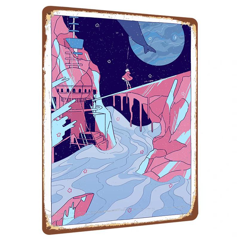 

Dreamy Planet Explorer Metal Wall Art Pink Mountain Starry Sky Whale Decor Home Decorative Hanging Painting 20x30cm（7.8x11.8inch）