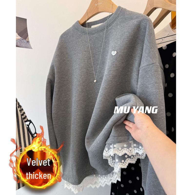 Korean Lace Trim Round Neck Sweatshirt: Women's Winter Fleece-Lined Thickened Mid-Length Loose Style Fashionable Top
