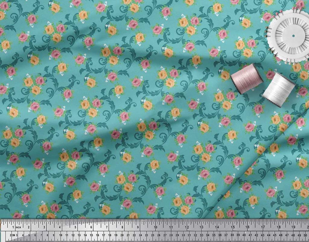 Soimoi Japan Crepe Satin Fabric Swirl,Leaves & Rose Floral Printed Fabric 1 Metre 42 Inch