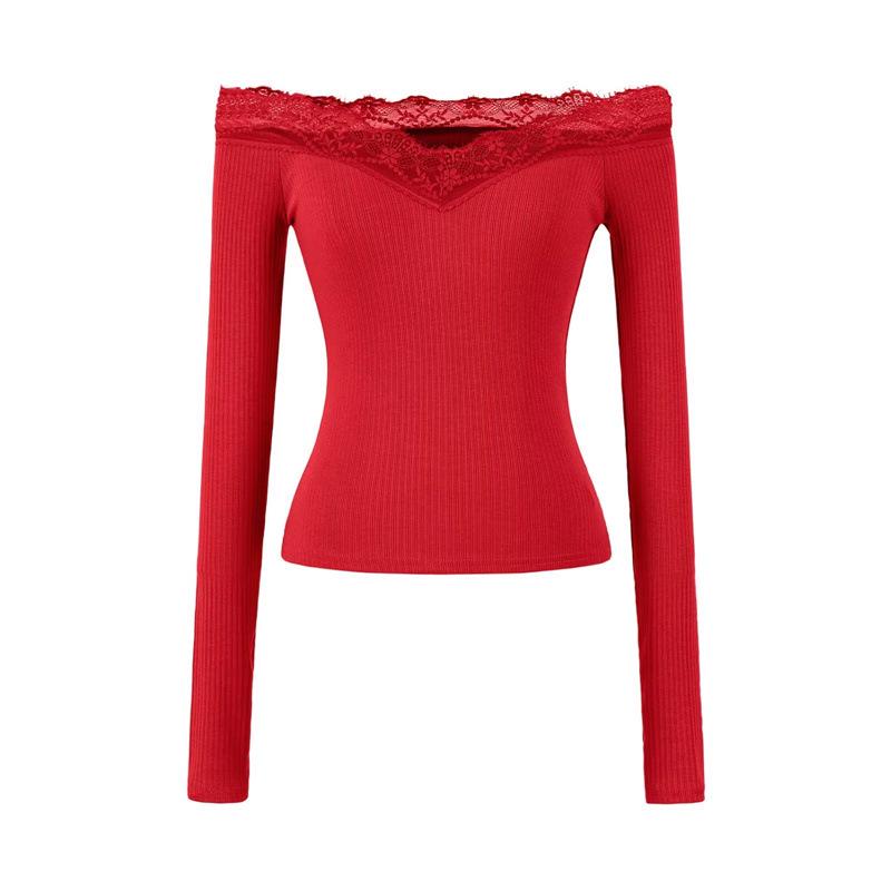 Spicy Lace Off-Shoulder Crop Top: Women's One-Shoulder Long-Sleeve, Waist-Cinching, Sexy Style.