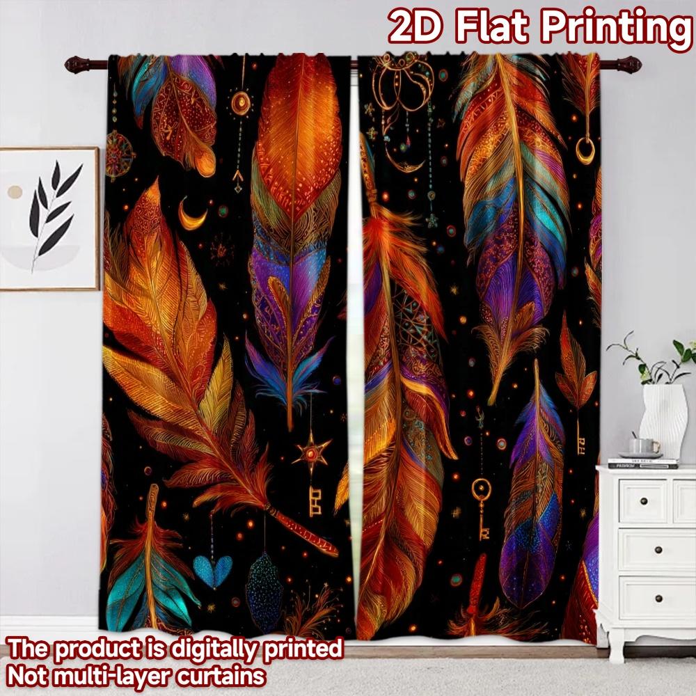 2D Flat Printing 2pcs Curtain Party Window Curtains Dreamcatcher and Colorful Feathers Digital Printed Polyester Drapes Seasonal