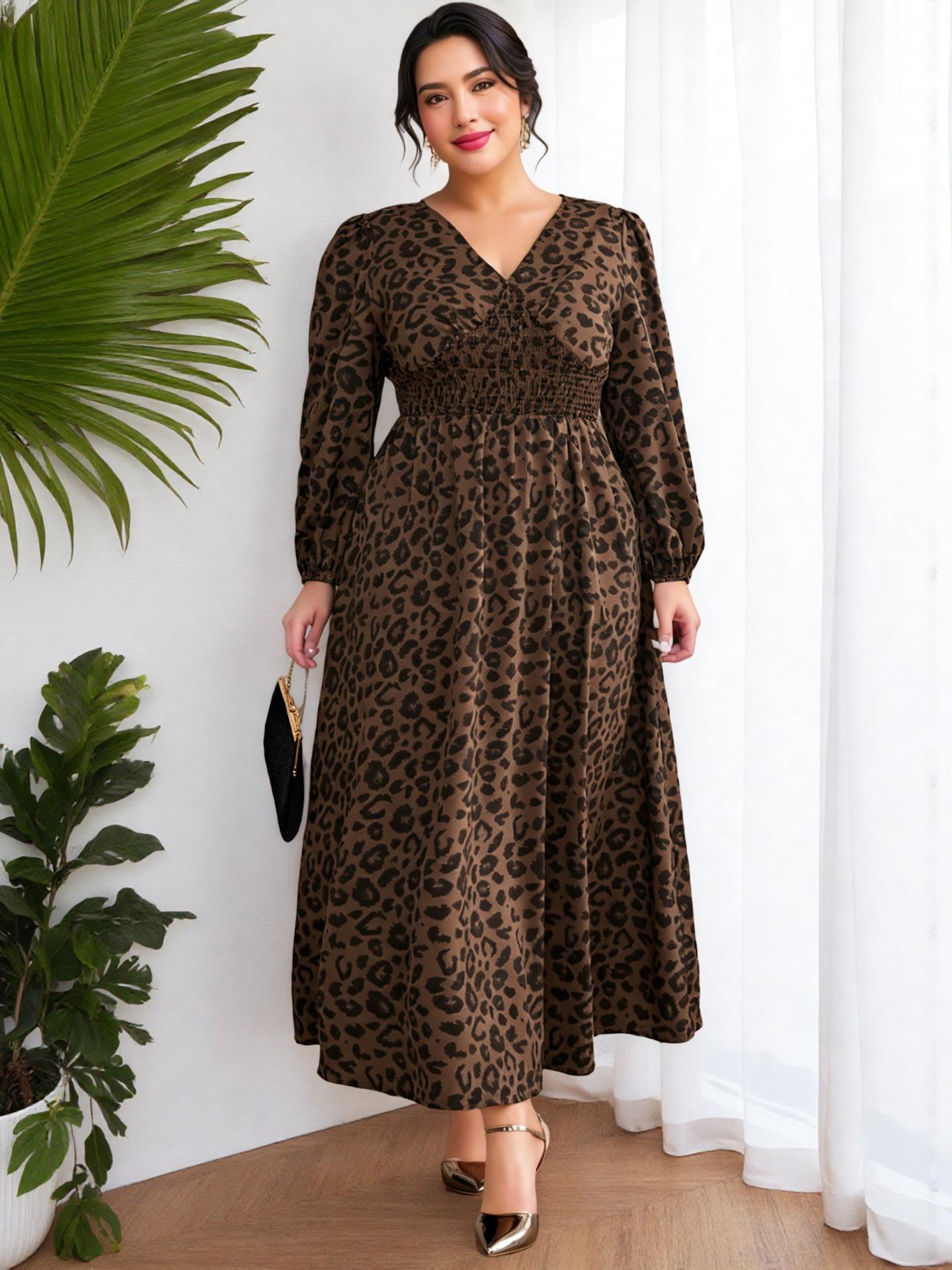 Plus Size Women s Leopard Print V-neck Dress - Party, Work, Waist-cinching, Slimming, Long Sleeve, Cross-border Bestseller 4XL кофейный/коричневый