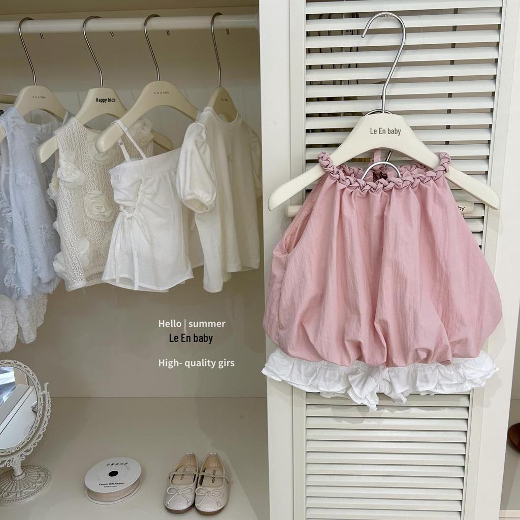 Leenbaby Spring/Summer Pink Halter Tank & White Ruffle Shorts Set for Girls
