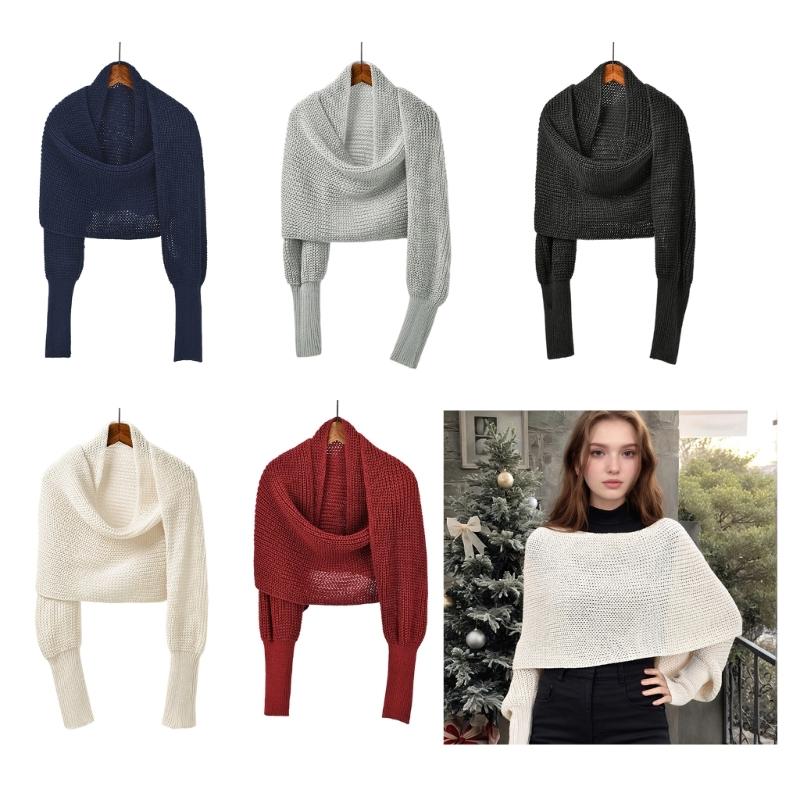 Womens Crossed Back Knitted Cover Up Scarf with Sleeves Sweater Shawl Wrap Shrug Layering Solution For Chilly Environment
