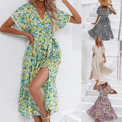 Long Skirt V-Neck Dress Summer Clothing Floral Short Sleeve