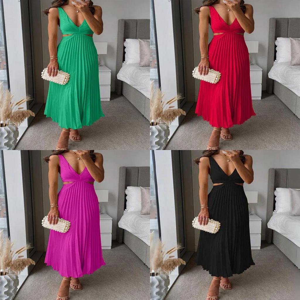 Elegant Summer Sleeveless Vneck Pleated Backless Maxi Dress For Women
