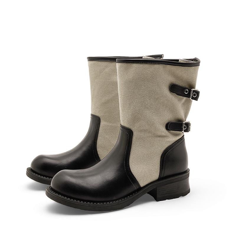 Vintage Splicing Cowboy Boots Women's Summer Boots Belt Buckle Medium Knight Boots Thick Heel Skinny Pile Boots