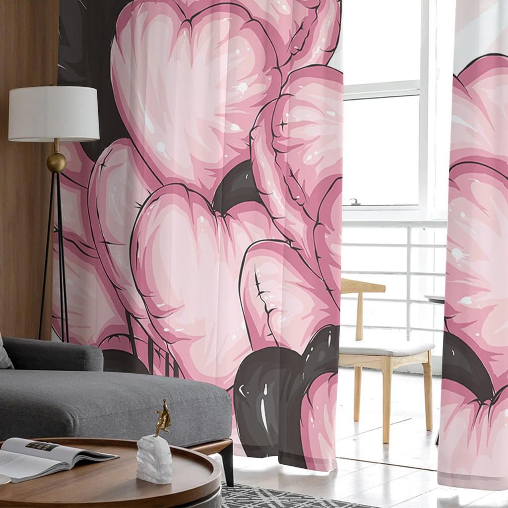 Valentine'S Day Pink Love Balloons Tulle Curtains for Living Room Sheer Curtain for Bedroom Kitchen Blinds Voile Curtains