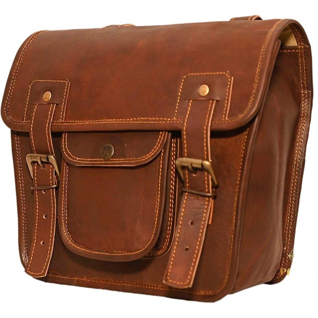 9x11 Leather Combo Kit For Motorcycle Saddle Bag TWO Brown Side Pouch Panniers