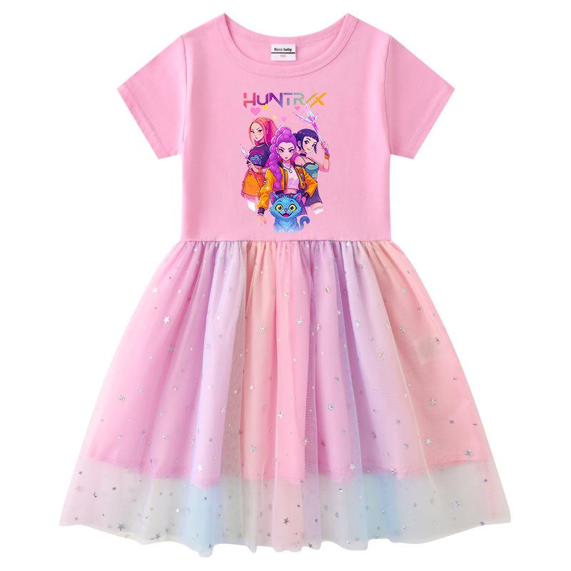 Kids' Kpop Demon Slayer Rainbow Sequins Princess Dress - Short Sleeve Summer & Long Sleeve Spring/Autumn