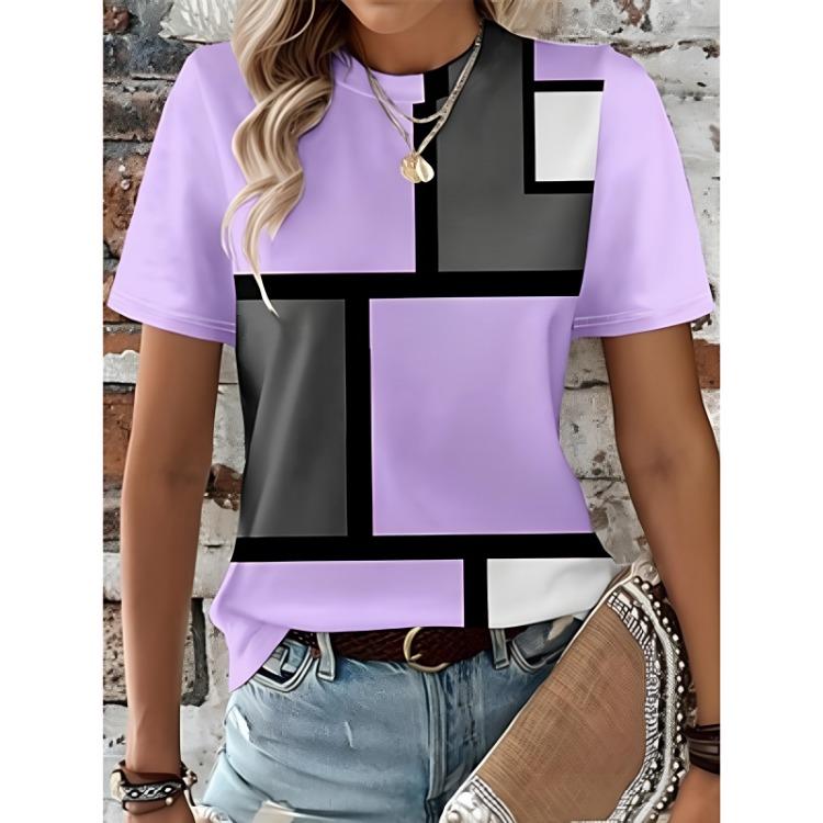 Women's Fashion Plaid Color Block T Shirt Round Neck Short Sleeve Tee Pink Blue Purple Print Regular Fit Summer Daily Going Out