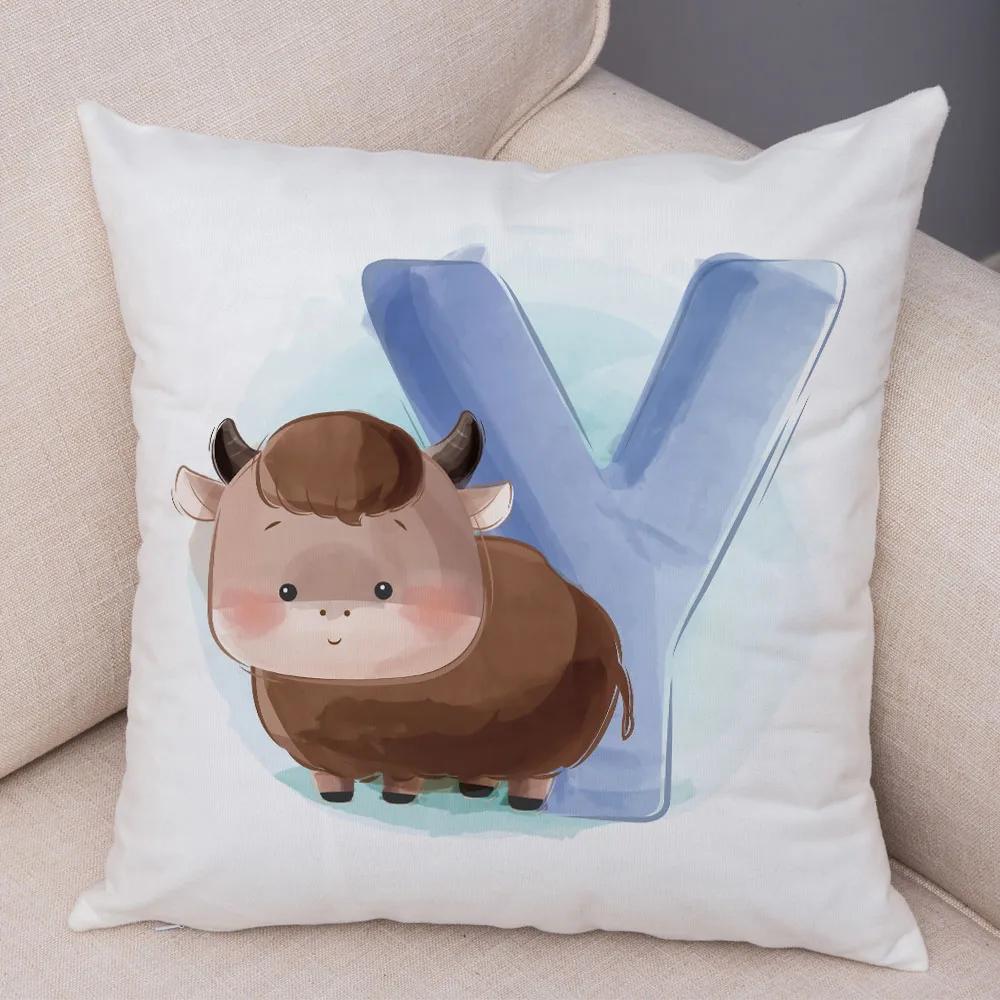 Cute Cartoon Animal Cushion Cover for Children Room Water Color English Letter Print Pillow Case Short Plush Pillowcase 45x45cm