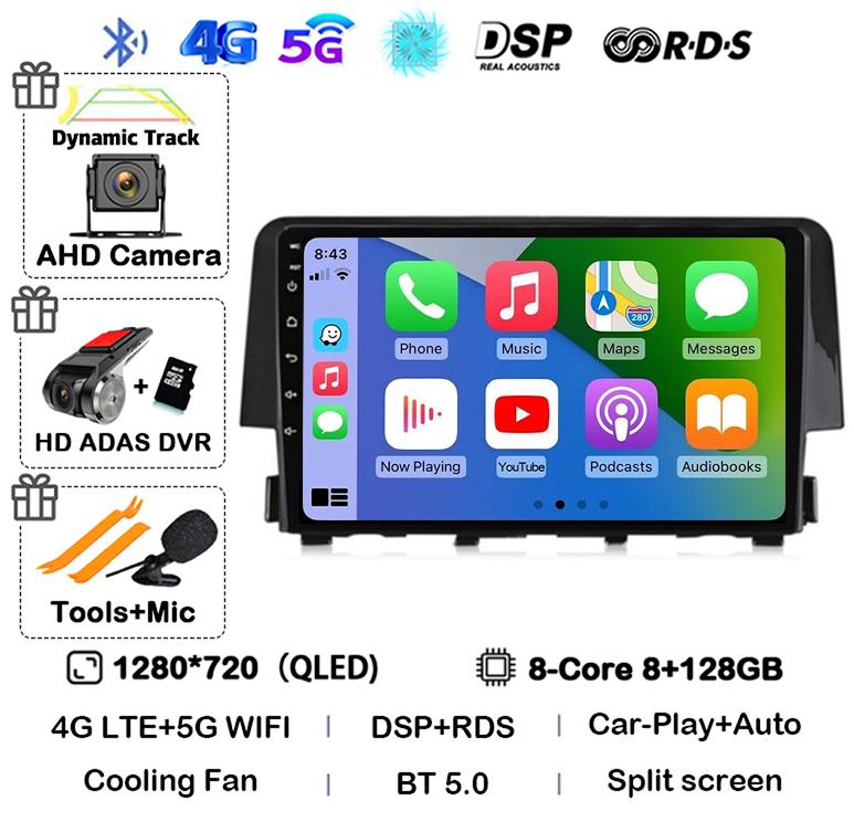 Android 14 Wireless Carplay Auto For Honda Civic 2016 2017 2018 2019 2020 Car Radio Stereo Multimedia Player GPS 4G+WIFI DSP