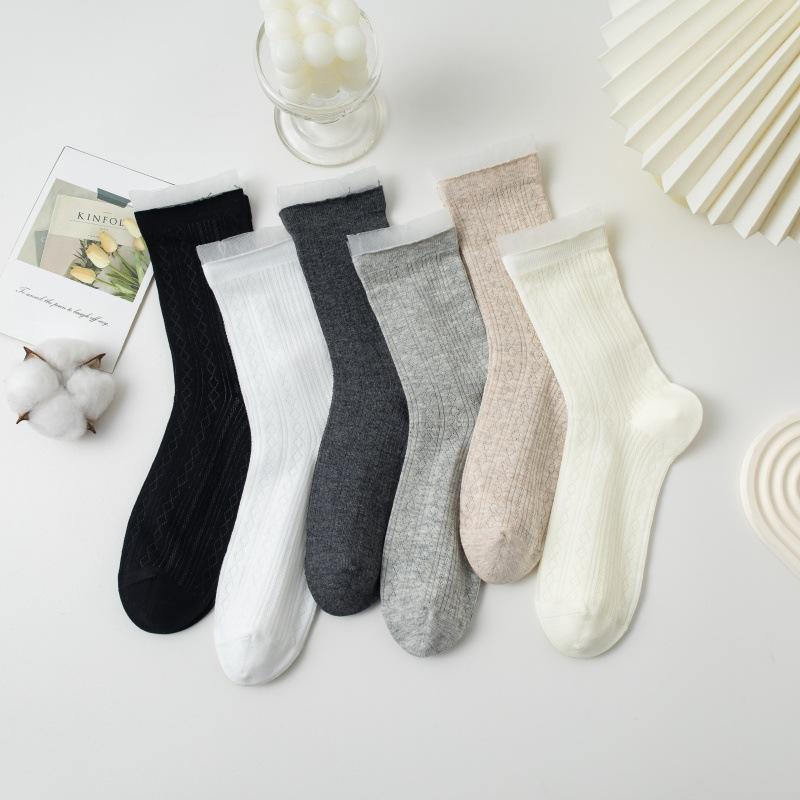 Ladies Spring and Summer New Wave Pattern Hollow Ballet Wind Breathable Boneless Tube Socks
