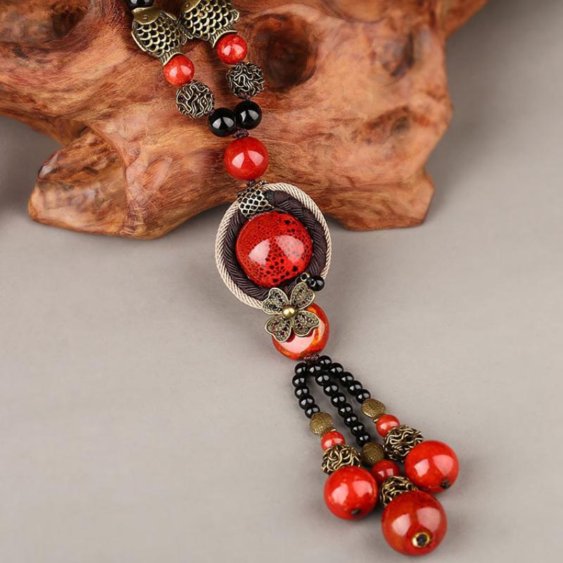 GemChic Women's New Vintage Ethnic Alloy Fish Flower Beads Pendant Long Necklace Adjustable Chain Fashion Birthday Christmas Jewelry Gift