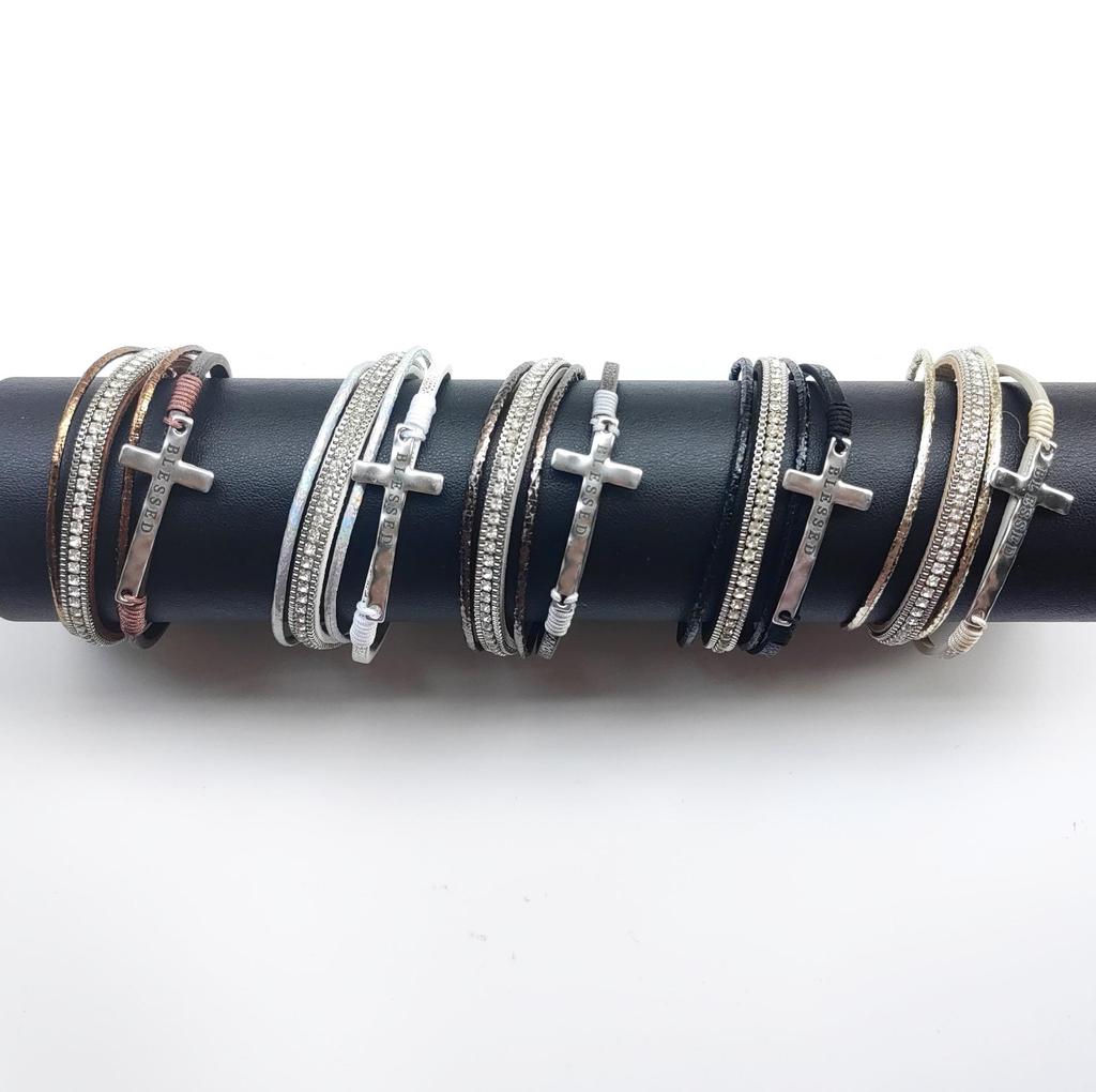 Bohemian Multi-Layer Leather Cross Bracelet with Rhinestones for Women